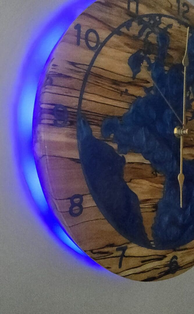 Planet Earth Wall Clock in Spalted Beech with Blue Resin & LED Halo - Image 3