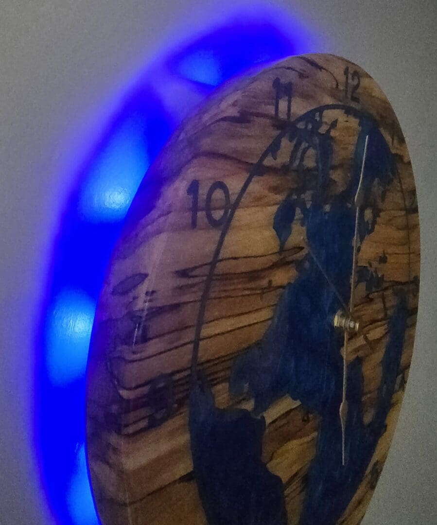Planet Earth Wall Clock in Spalted Beech with Blue Resin & LED Halo - Image 4