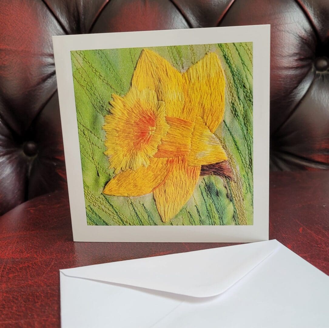 Embroidered daffodil printed greetings card, 5 x 5 inch - Image 3