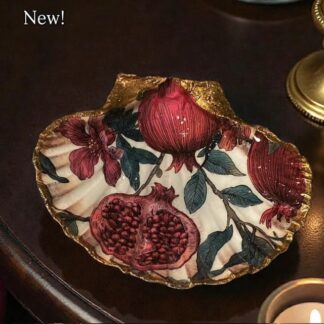 Handcrafted Decoupaged scallop shell featuring a juicey pomegranate