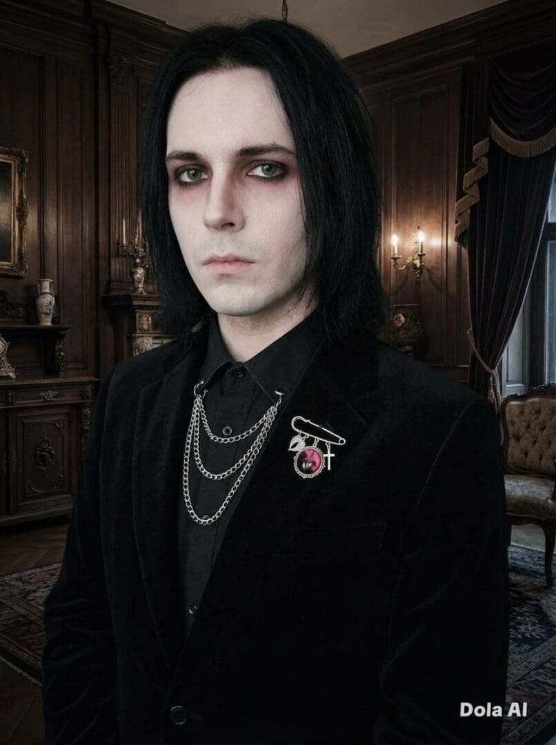 Hand-painted-brooch-black-pink-on-a-male-goth