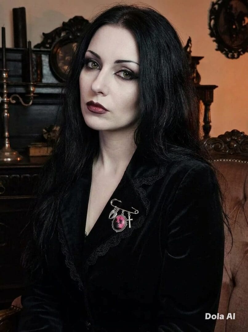 Hand-painted-brooch-black-pink-on-a-female-goth
