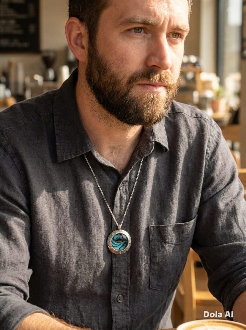 Fine-silver-hand-pamted-pendant-in-ocean-inspired-colours-worn-by-mans