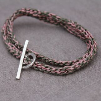 crochet bracelet with sterling silver toggle and t-bar findings in olivine and rose