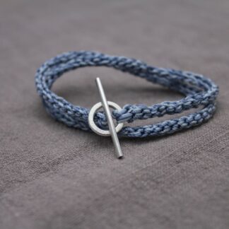denim and pale blue crochet bracelet with sterling silver toggle and T-Bar