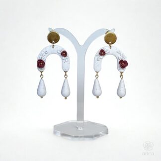 Auria | Hand-Sculpted White Speckled Arch Earrings with Burgundy Roses