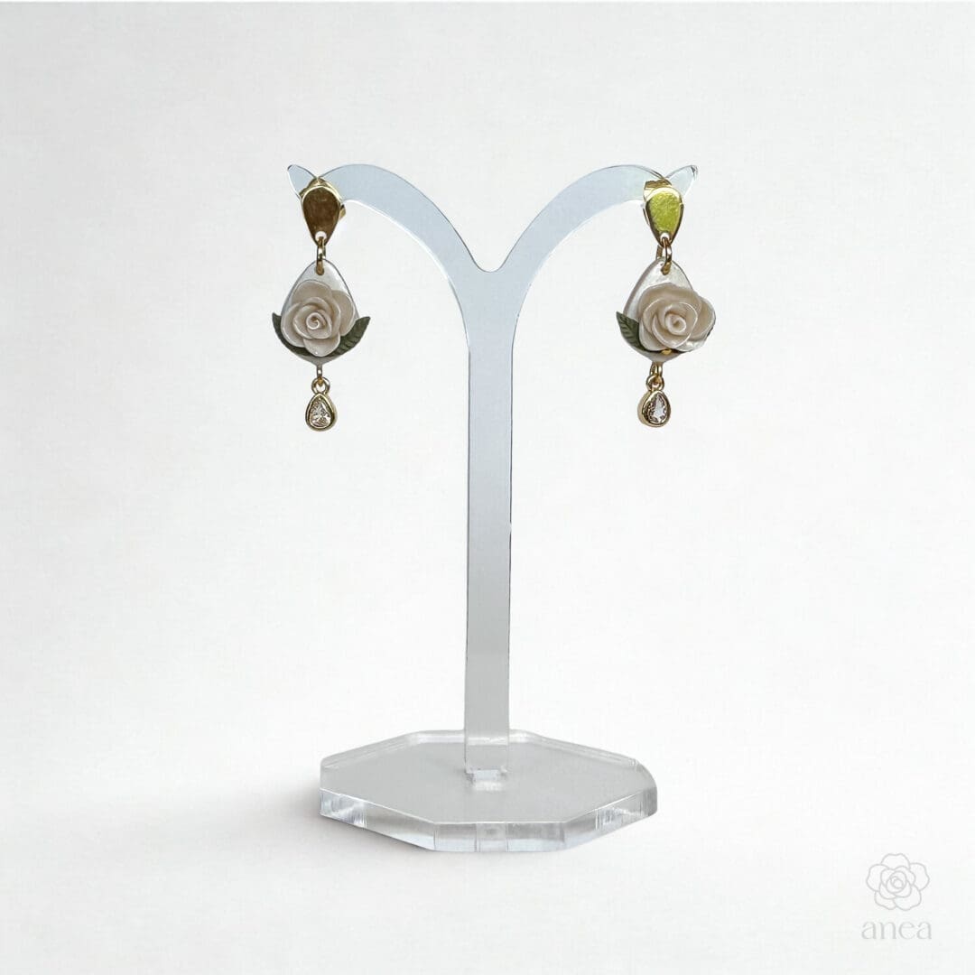 Camille | Pearlescent White Rose Earrings with Crystal Teardrop Charm