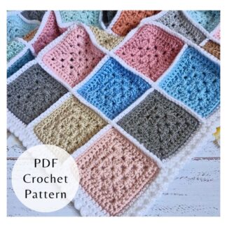 Digital PDF crochet pattern for a granny square baby blanket. Includes clear, step-by-step instructions and photos for beginners and experienced crocheters.