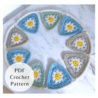 A colourful crochet daisy bunting garland with textured flower centres and granny triangle edges, shown as a PDF pattern guide.