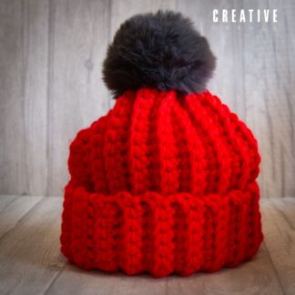 Crochet winter woolly bobble hat handmade in red