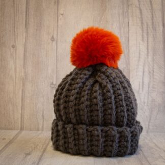 Crochet winter woolly bobble hat handmade in dark grey
