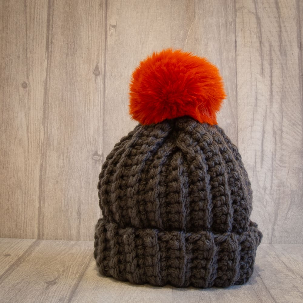 Crochet winter woolly bobble hat handmade in dark grey