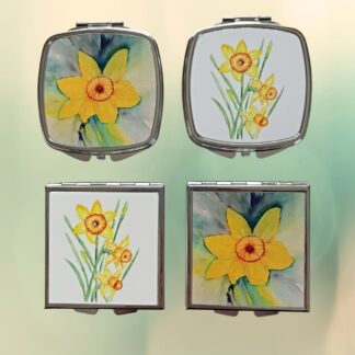 Choice of daffodil art mirrors and pill boxes. 2 of each design