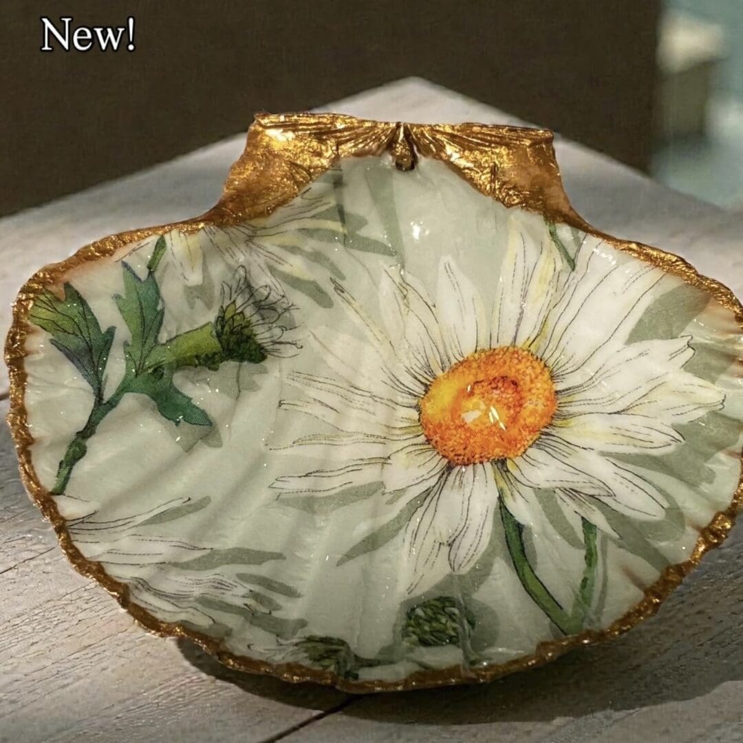 Handcrafted Decoupaged scallop shell featuring a pretty fresh Daisy.