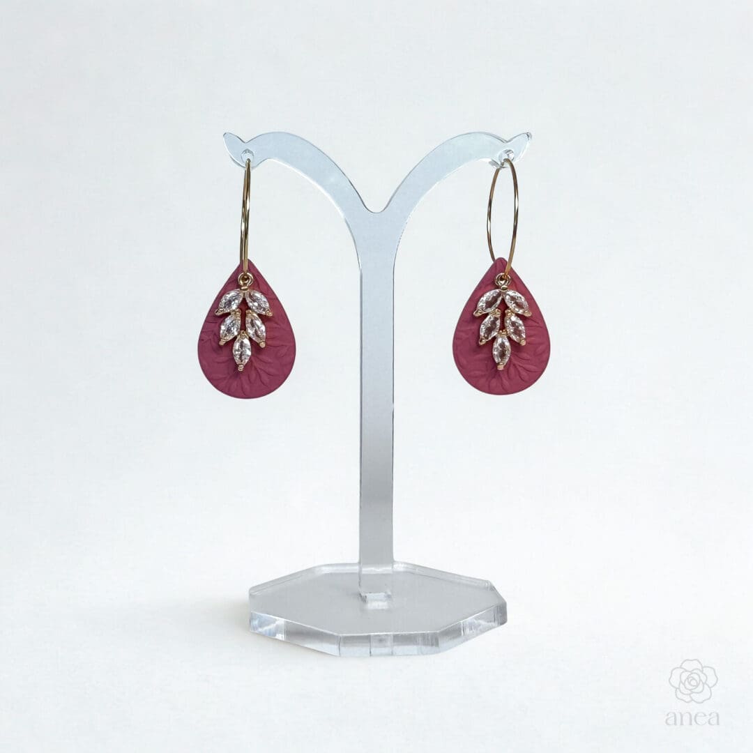 Feuille | Embossed Berry Teardrop Earrings with Crystal Leaf Charm