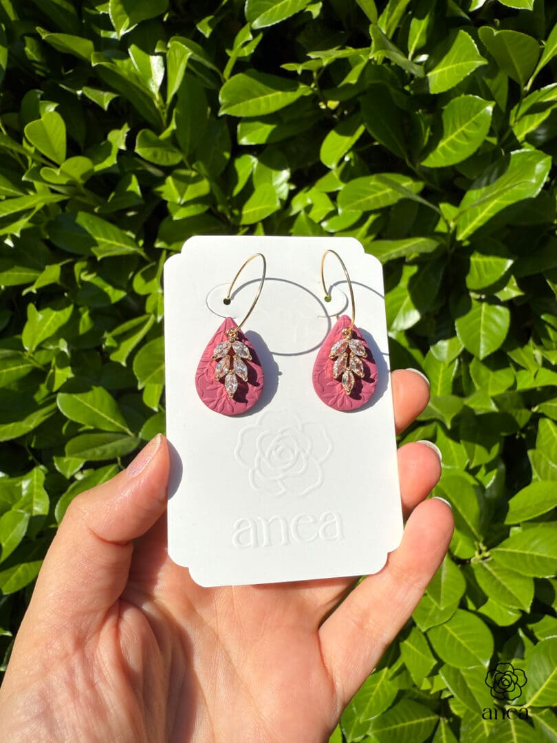 Feuille | Embossed Berry Teardrop Earrings with Crystal Leaf Charm - Image 2