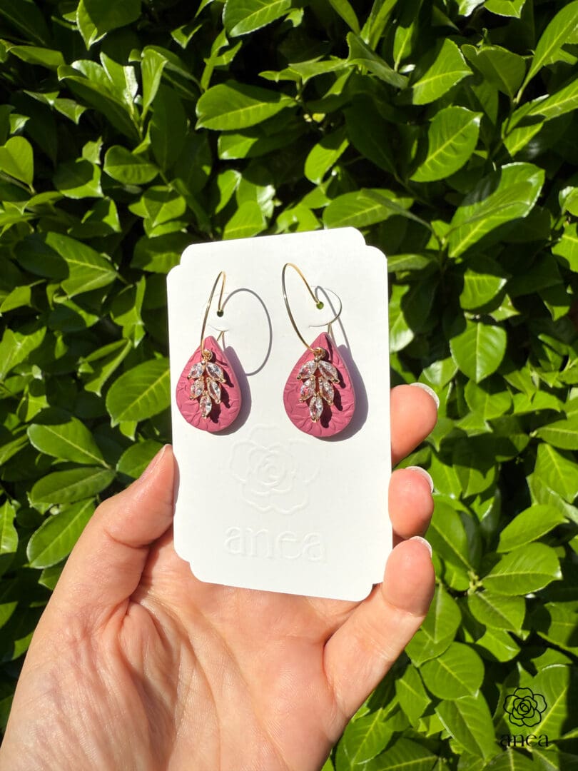 Feuille | Embossed Berry Teardrop Earrings with Crystal Leaf Charm - Image 3
