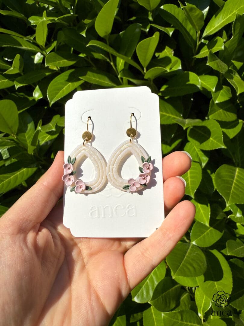Flora | Pearlescent White Teardrop Earrings with Pink Blooms - Image 2