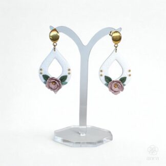 Florence | Textured White Teardrop Earrings with Mauve Rose & Gold Details