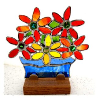 vase bowl flowers stained glass handmade suncatcher on wooden stand freestanding gift for her mum