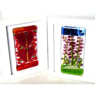 Box framed fused glass art picture floral hearts dichroic decoration handmade