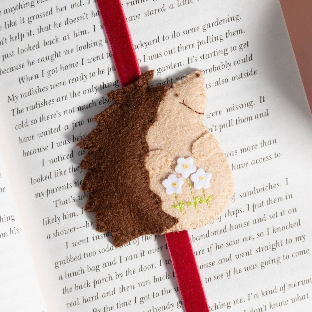 Close up of my little hedgehog on a burgundy velvet ribbon