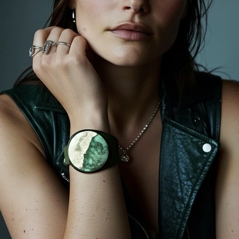 Handcrafted Variscite Gemstone Leather Bracelet shown on the wrist. Made by Freak Like Me in Bristol.