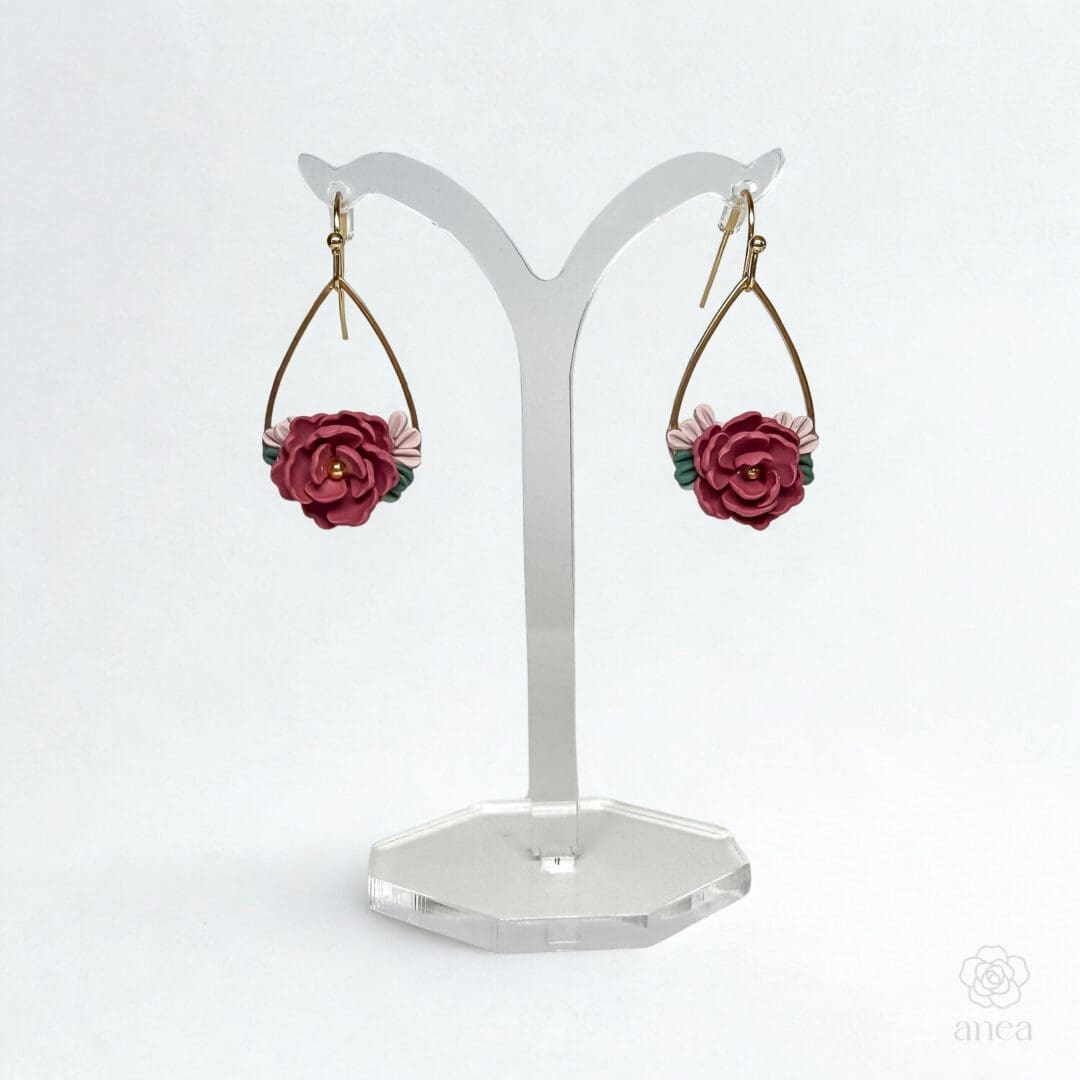 Amorine | Sculpted Berry Rose & Leaf Teardrop Wire Earrings