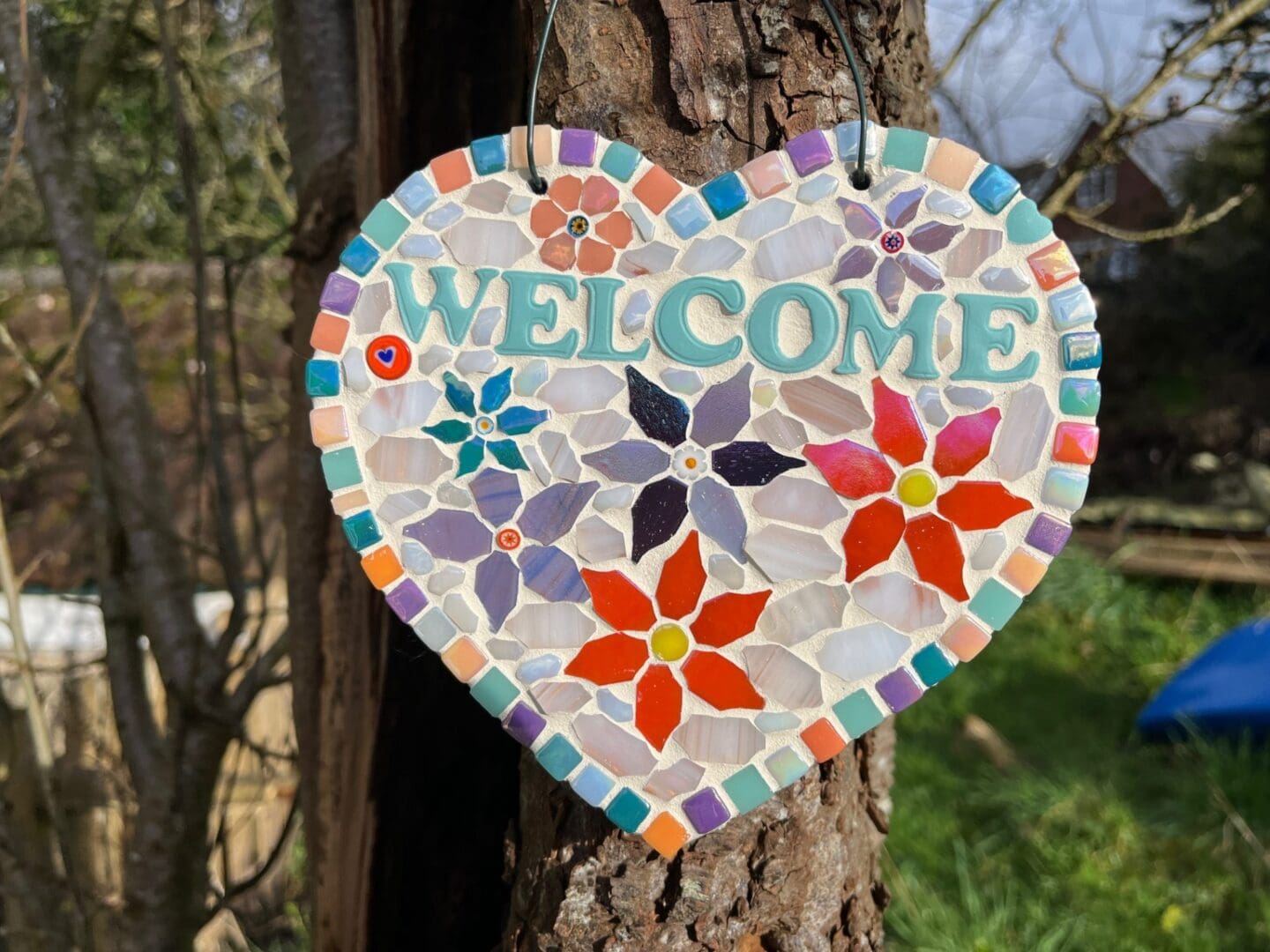 A warm welcome - Handmade Mosaic Garden sign on slate, a charming gift for Garden lovers.