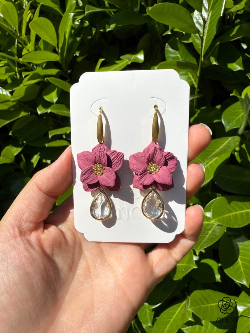 Vinea | Sculpted Berry Flower Earrings with Crystal Teardrop Drop - Image 2