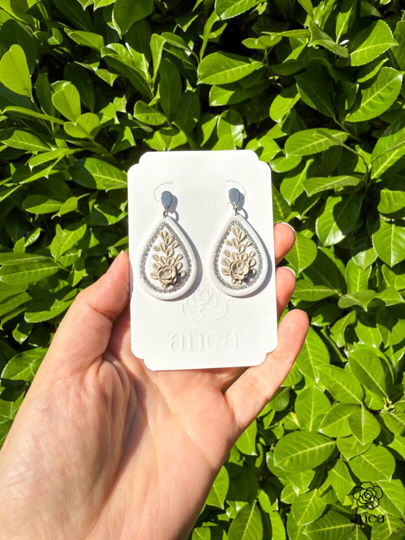Mistrale | Ivory Garden | White & Taupe Floral Earrings with Silver Crystal Detail - Image 2