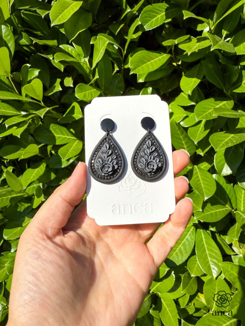 Mistrale | Noir Bloom | All-Black Floral Teardrop Earrings with Dark Crystal Detail - Image 2
