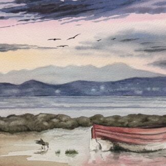 Original signed Morecambe Bay watercolour painting. Morecambe Bay Art. Lidia Ranns watercolour. Morecambe Bay Sunset Boats Painting.
