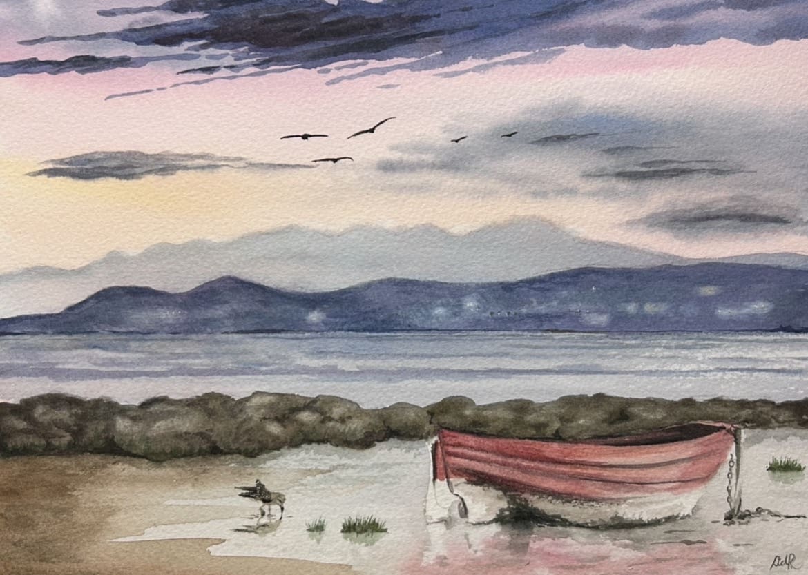 Original signed Morecambe Bay watercolour painting. Morecambe Bay Art. Lidia Ranns watercolour. Morecambe Bay Sunset Boats Painting.