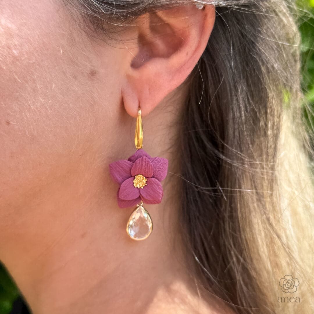 Vinea | Sculpted Berry Flower Earrings with Crystal Teardrop Drop - Image 5
