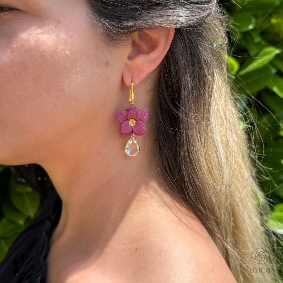 Vinea | Sculpted Berry Flower Earrings with Crystal Teardrop Drop - Image 3