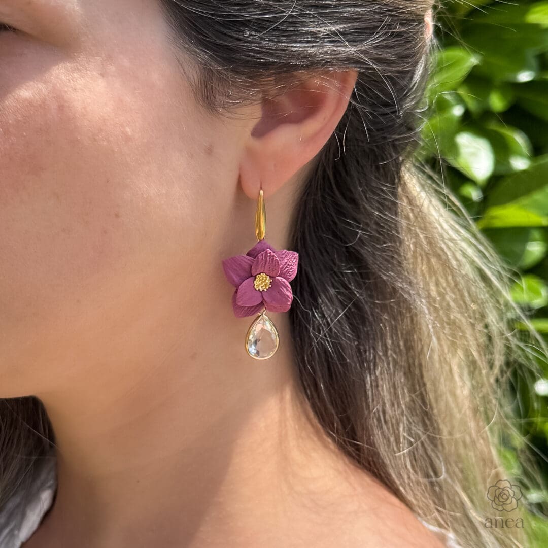 Vinea | Sculpted Berry Flower Earrings with Crystal Teardrop Drop - Image 4
