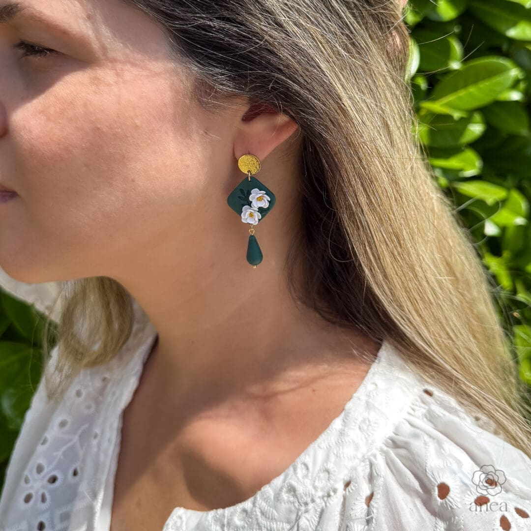 Jasmin | Emerald Green Floral Diamond Earrings with Teardrop Charm - Image 5