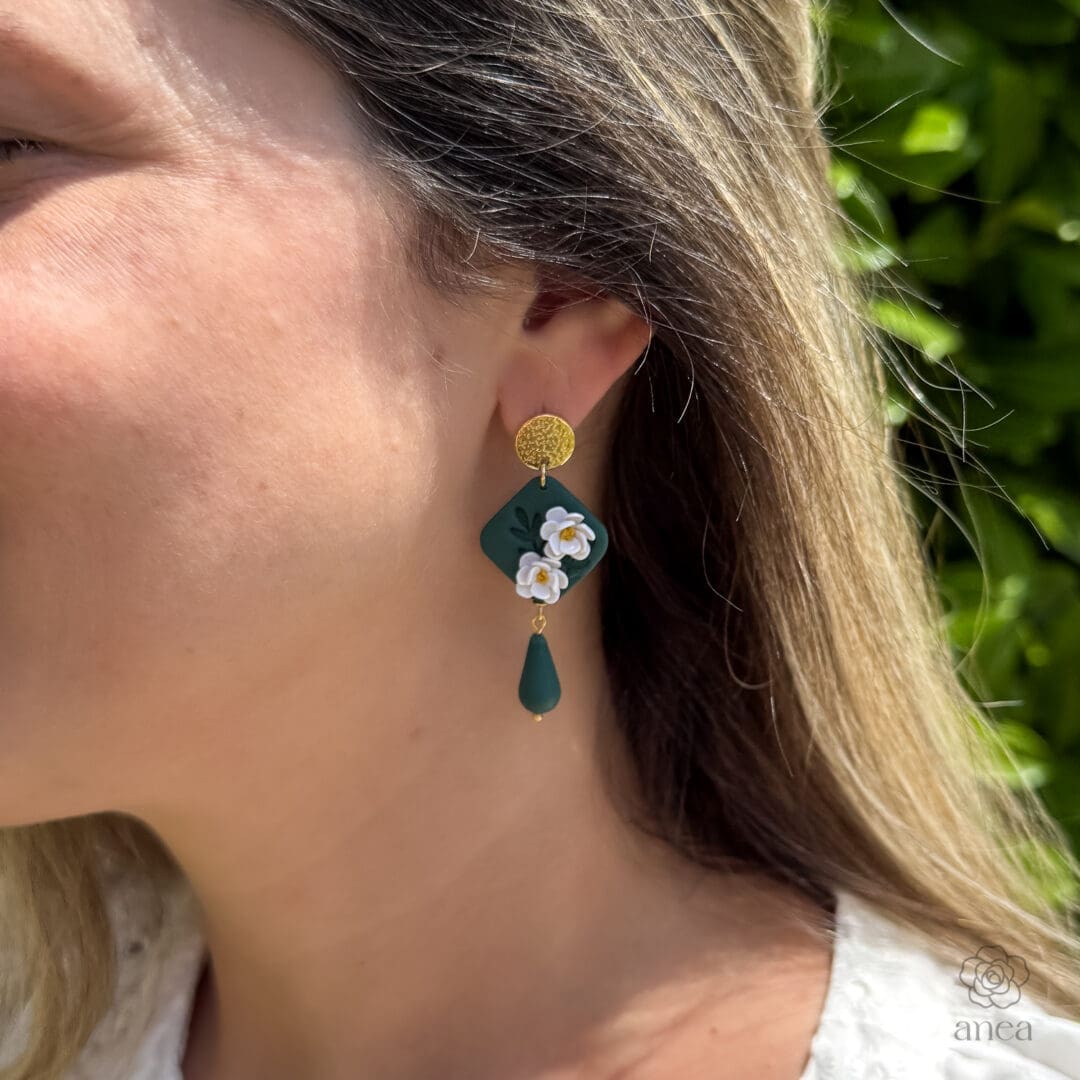 Jasmin | Emerald Green Floral Diamond Earrings with Teardrop Charm - Image 4
