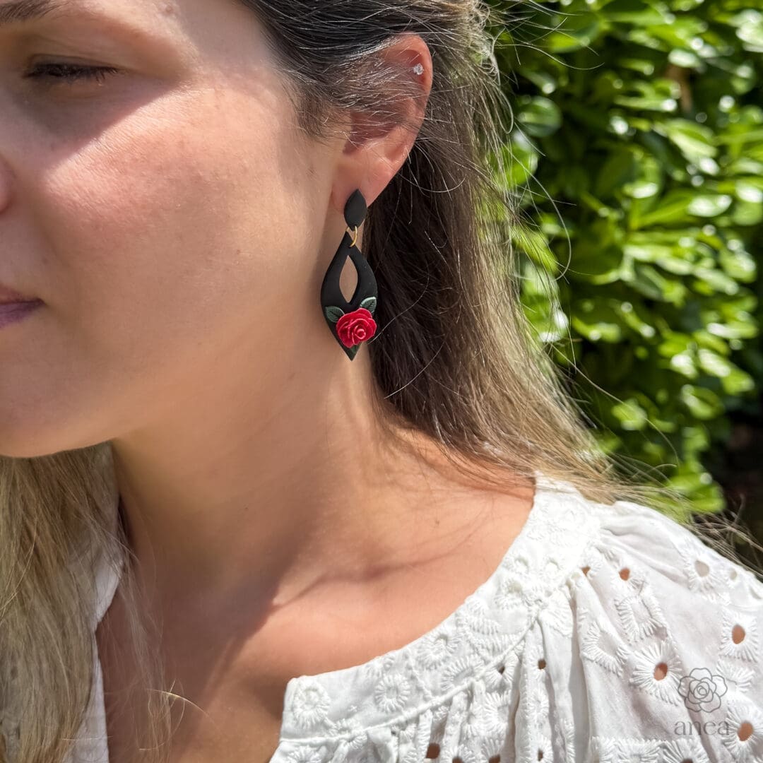 Ravena | Black Diamond Cutout Earrings with Sculpted Red Rose - Image 3