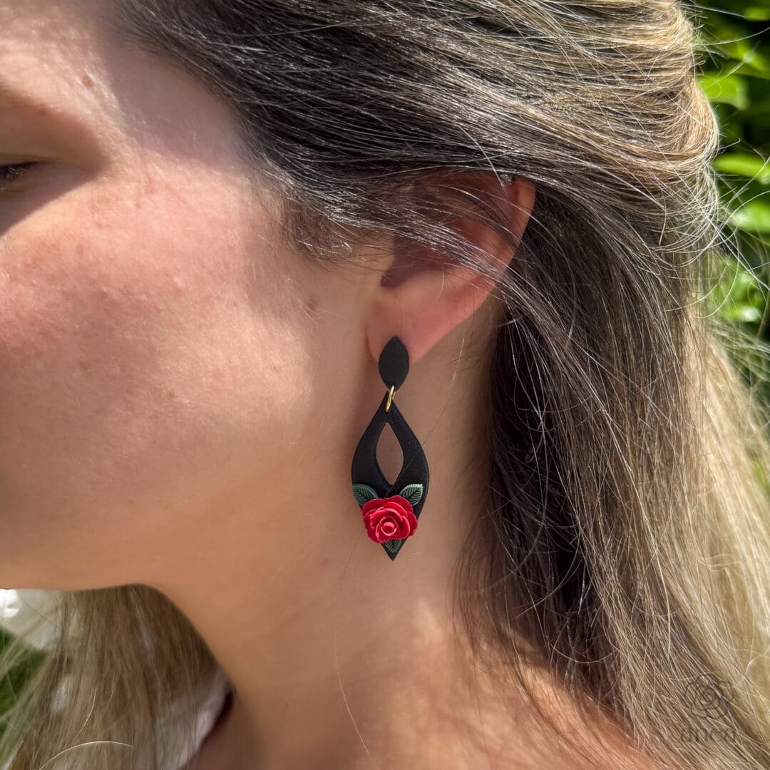 Ravena | Black Diamond Cutout Earrings with Sculpted Red Rose - Image 4