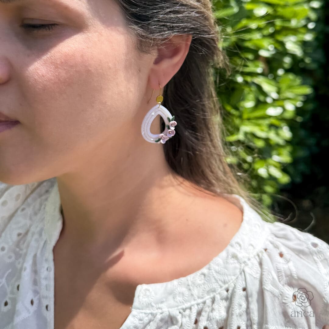 Flora | Pearlescent White Teardrop Earrings with Pink Blooms - Image 3