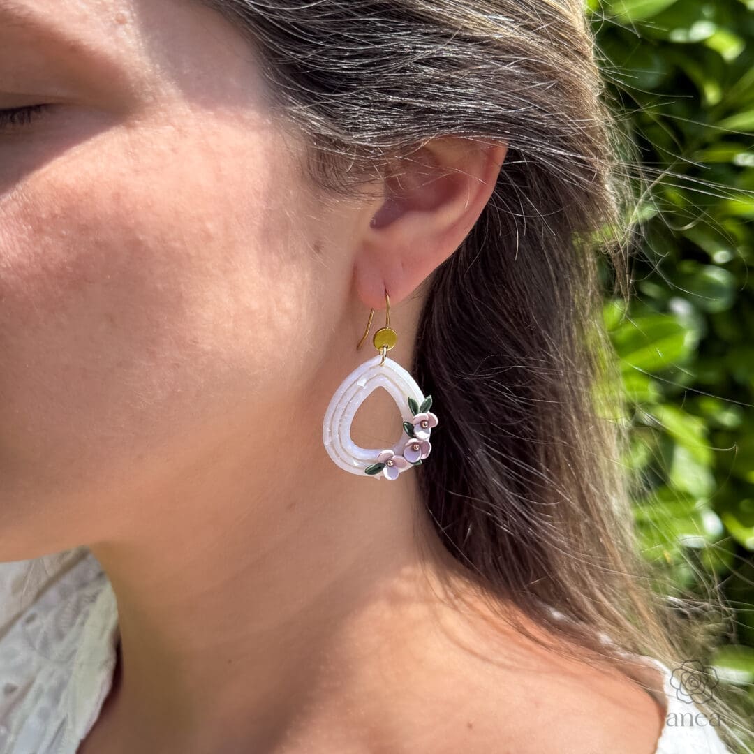Flora | Pearlescent White Teardrop Earrings with Pink Blooms - Image 4