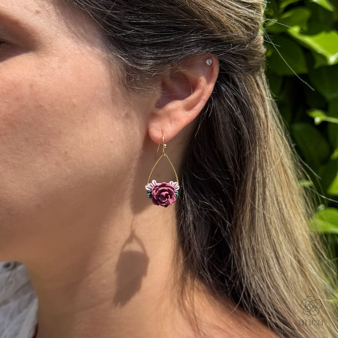 Amorine | Sculpted Berry Rose & Leaf Teardrop Wire Earrings - Image 3