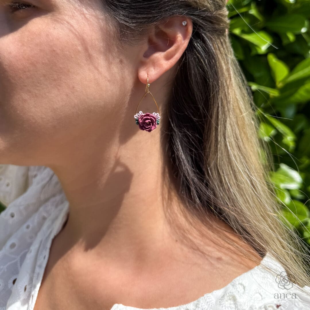 Amorine | Sculpted Berry Rose & Leaf Teardrop Wire Earrings - Image 4