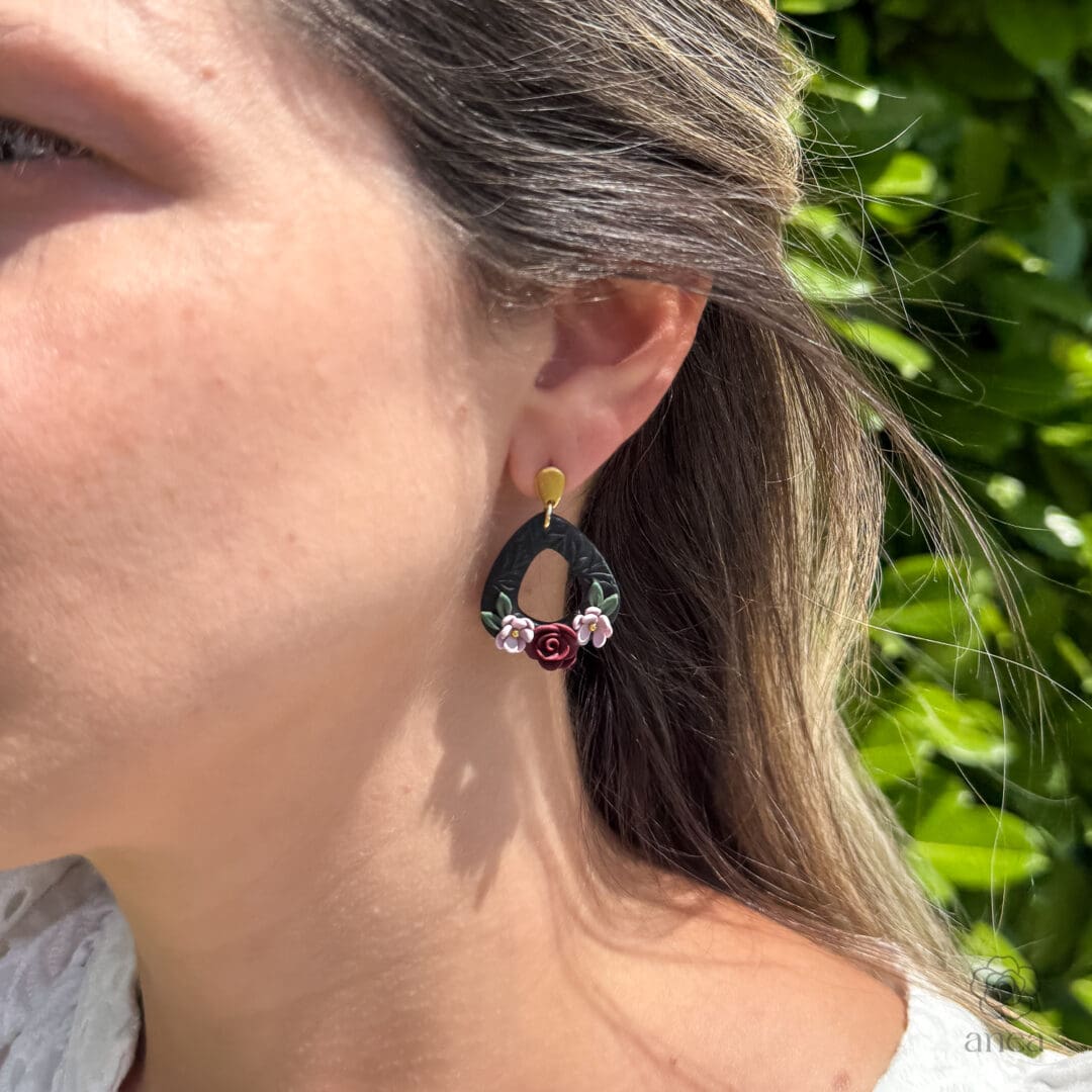 Noira | Hand-Sculpted Dark Floral Earrings with Red Rose & Embossed Detail - Image 4