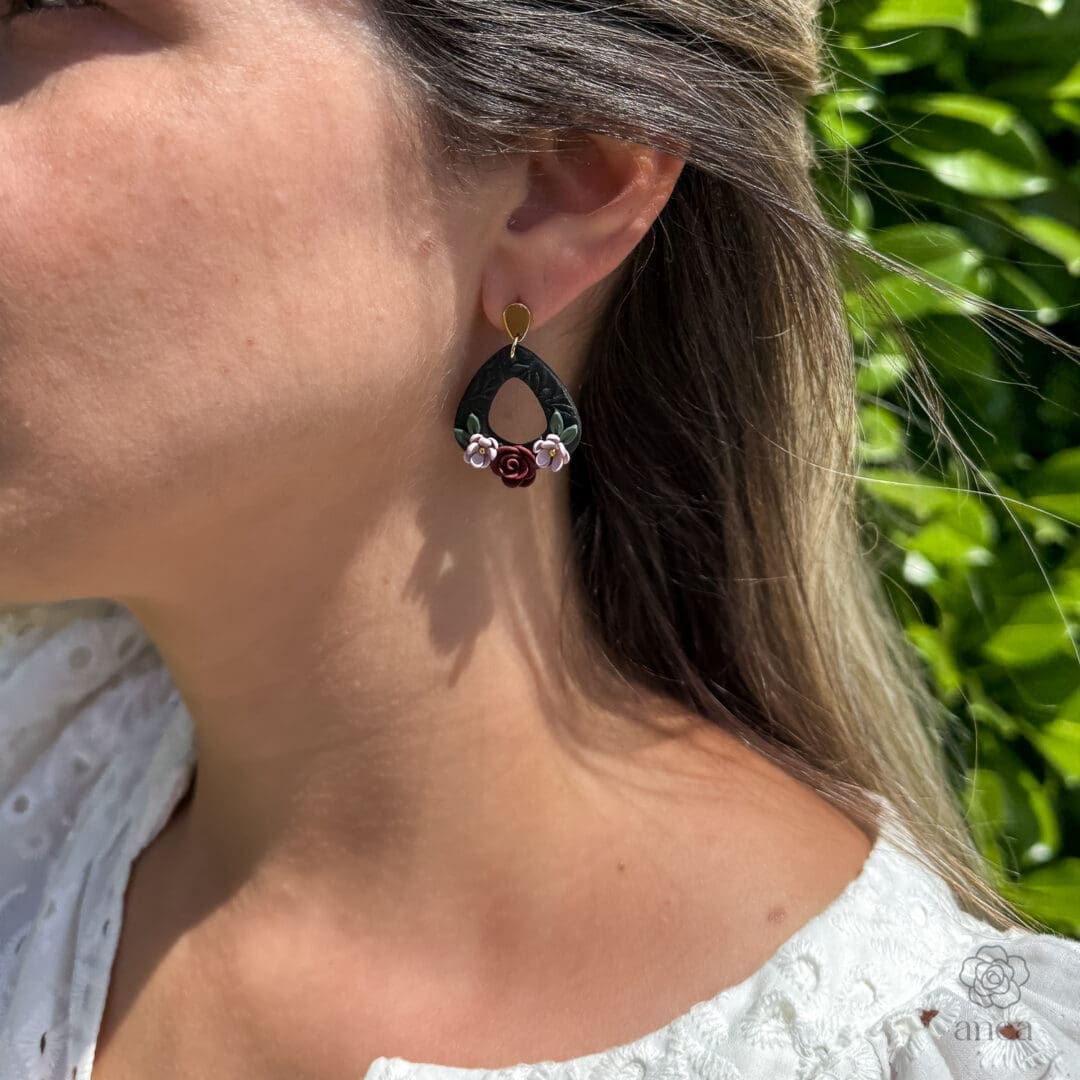 Noira | Hand-Sculpted Dark Floral Earrings with Red Rose & Embossed Detail - Image 5