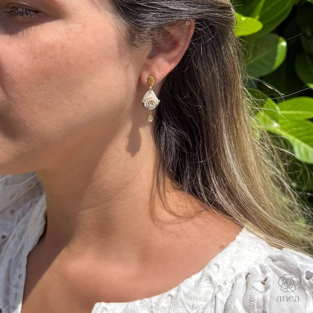 Camille | Pearlescent White Rose Earrings with Crystal Teardrop Charm - Image 3