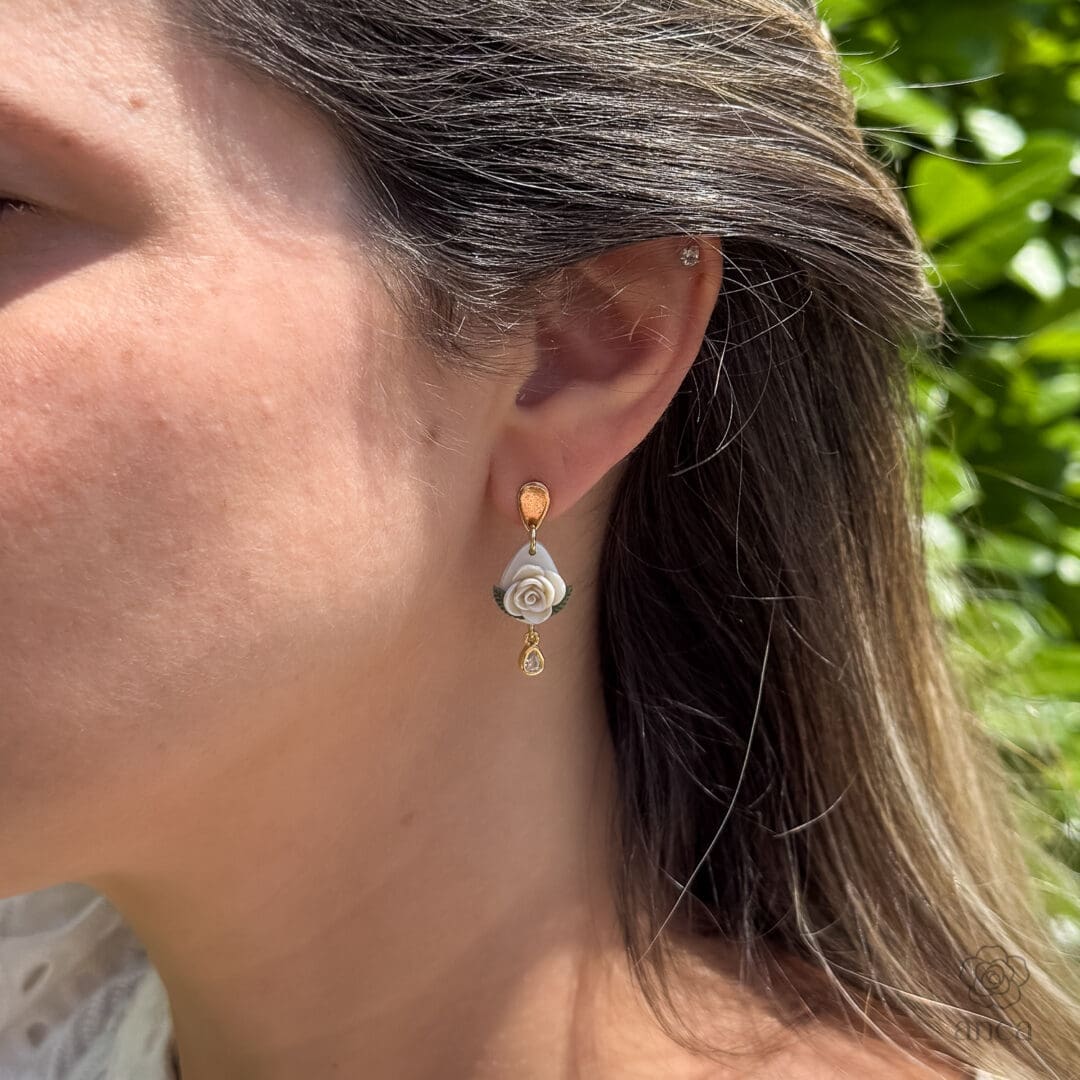 Camille | Pearlescent White Rose Earrings with Crystal Teardrop Charm - Image 4