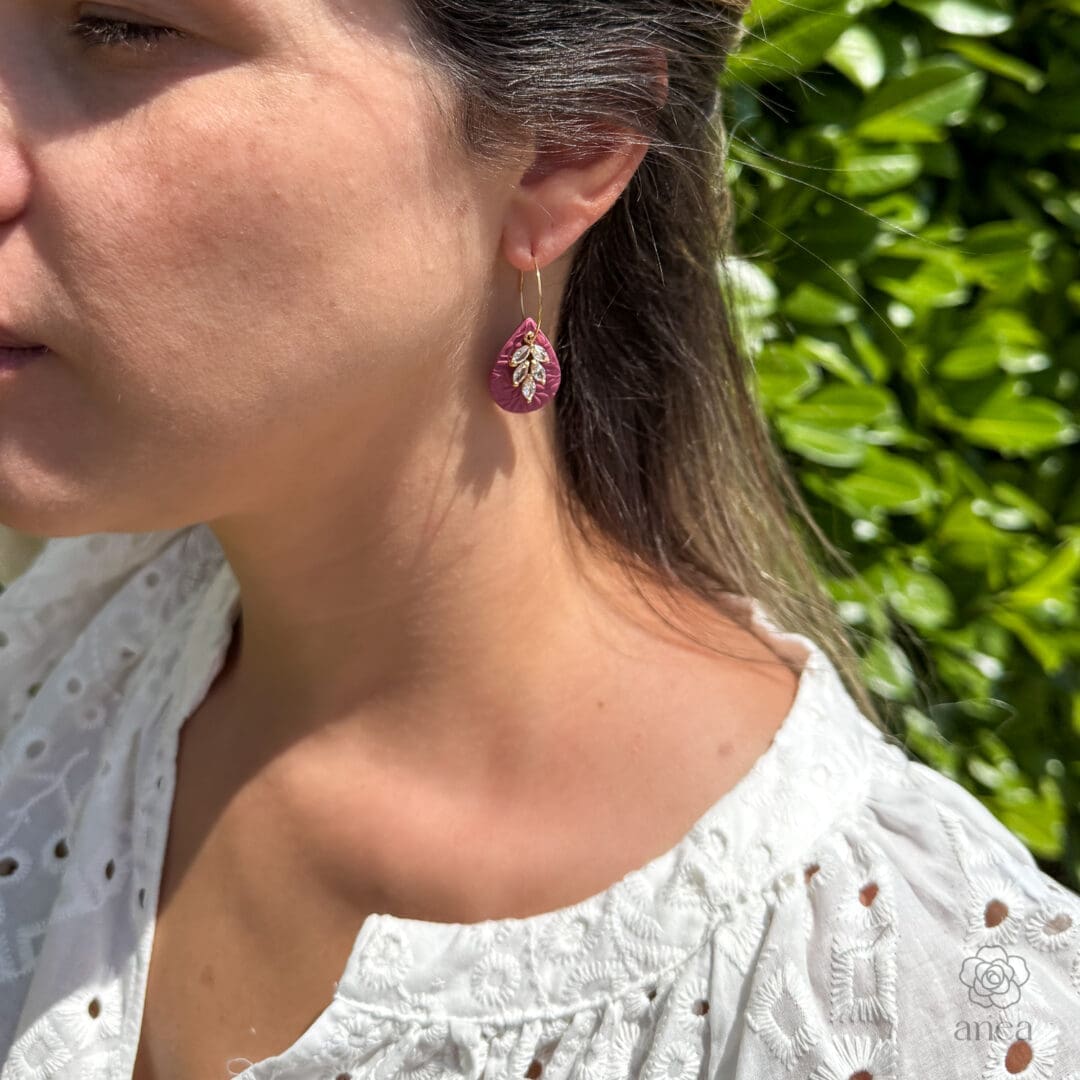 Feuille | Embossed Berry Teardrop Earrings with Crystal Leaf Charm - Image 5